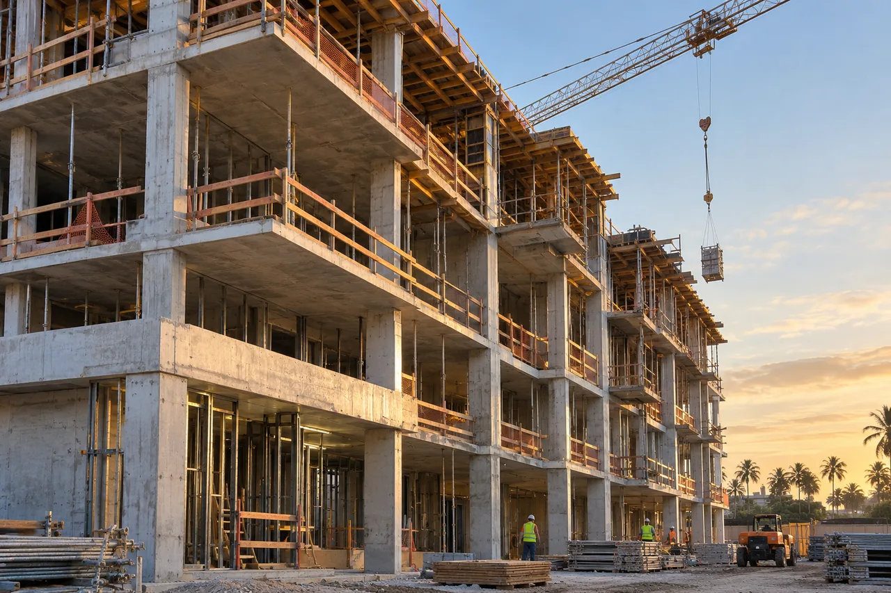 Generated photographic illustration: building under construction, concrete structure and crane